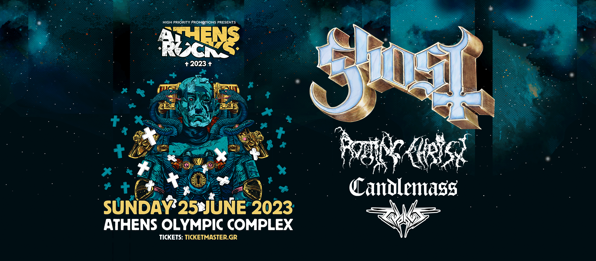 AthensRocks Festival - Ghost, Rotting Christ, Candlemass, Typhus @ Athens Olympic Sports Complex 25/06/23